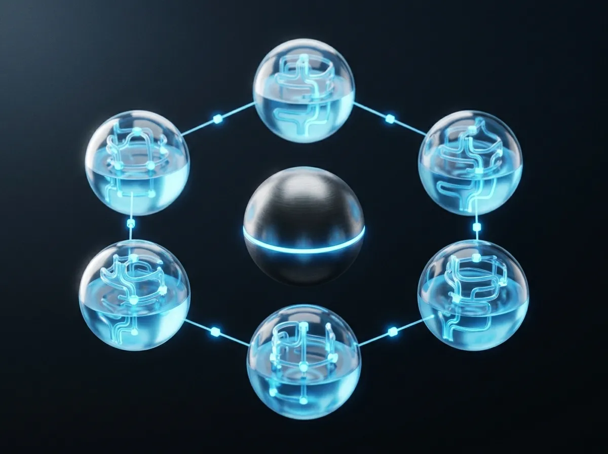 Multi-agent AI system engineered by Ciphers Lab, shown as connected glass spheres