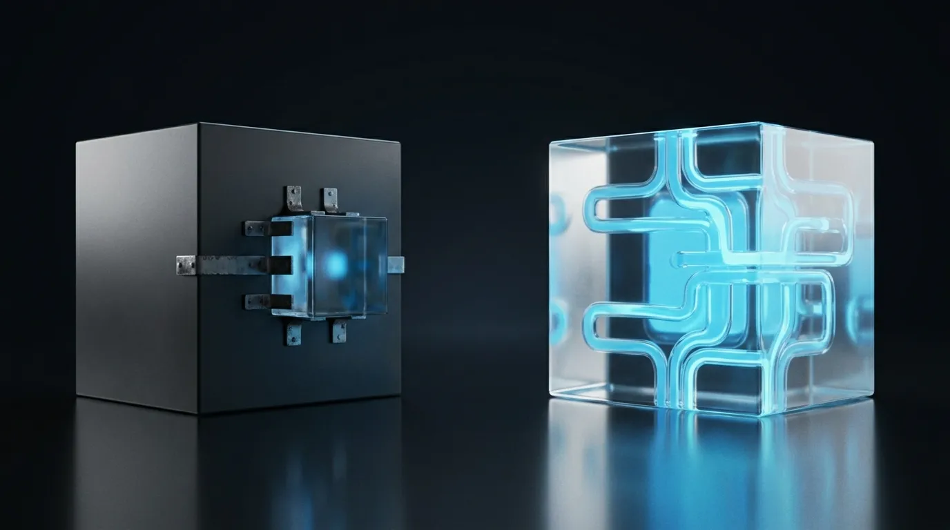 Comparison: a block with an AI module clamped on, next to a glass block with intelligence running through it