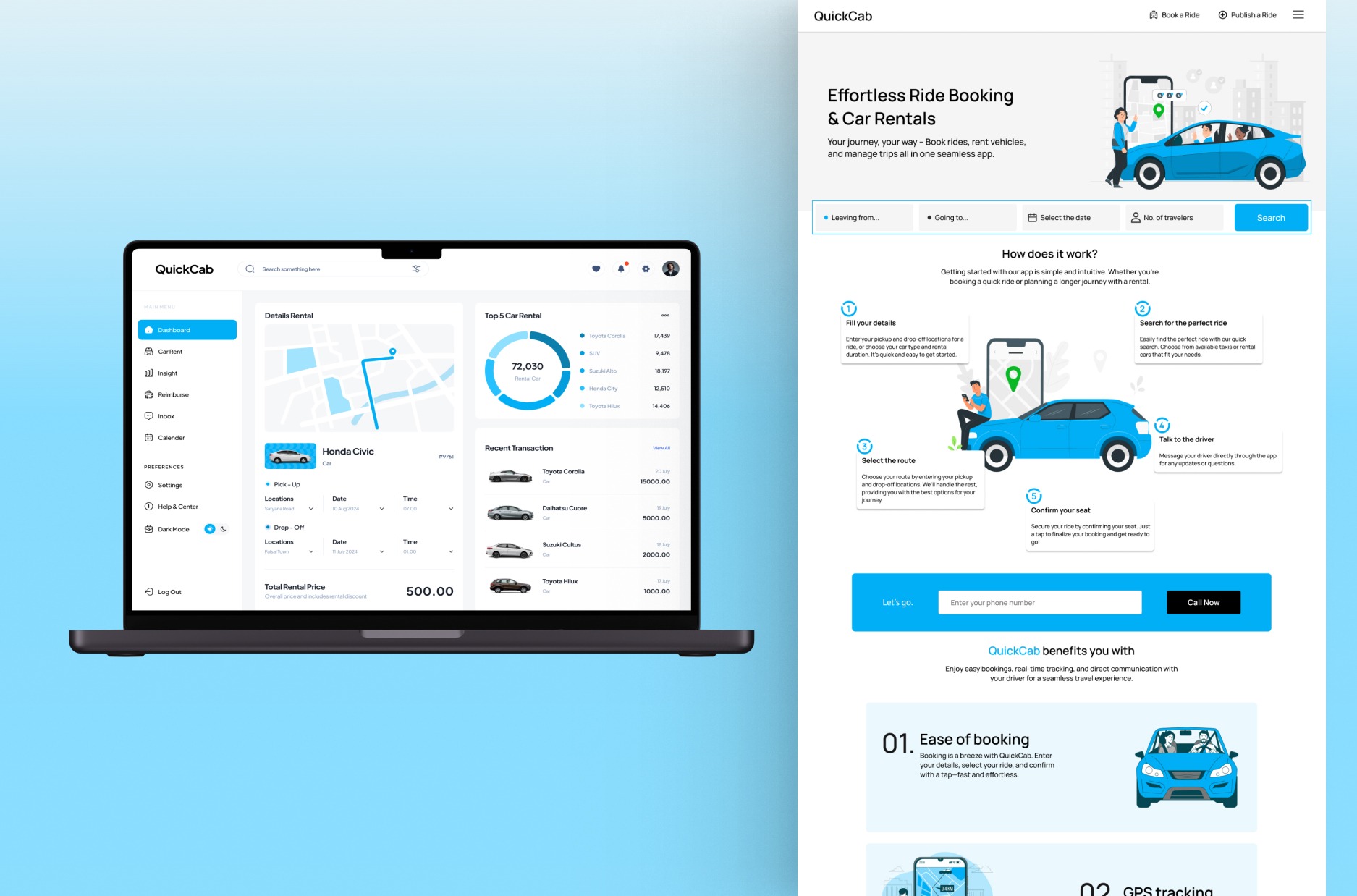 Quick Cab — interface screens