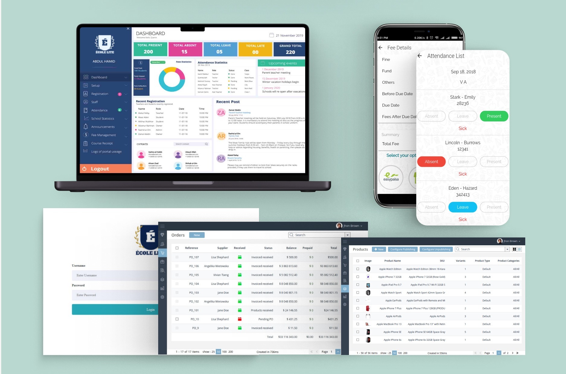 École Lite — interface screens