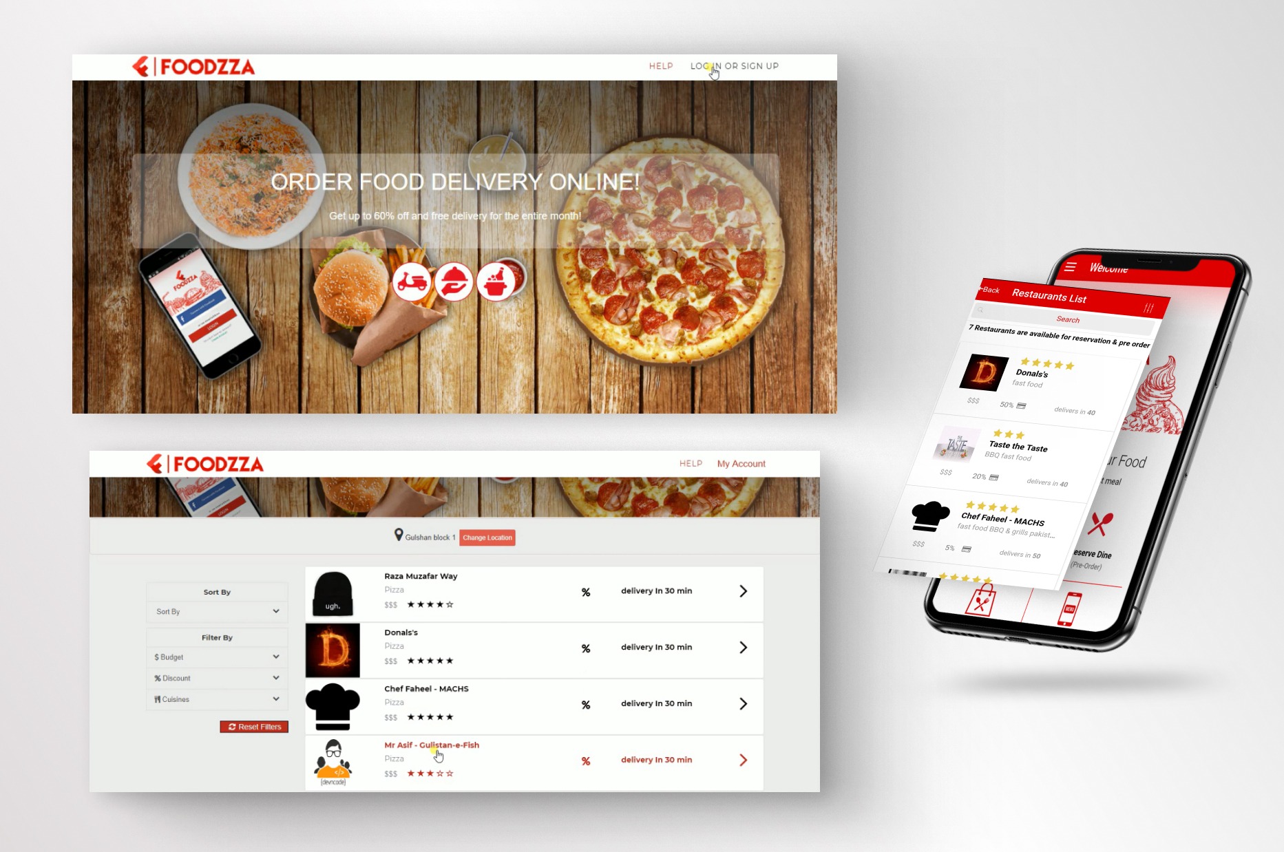 Foodzza — interface screens