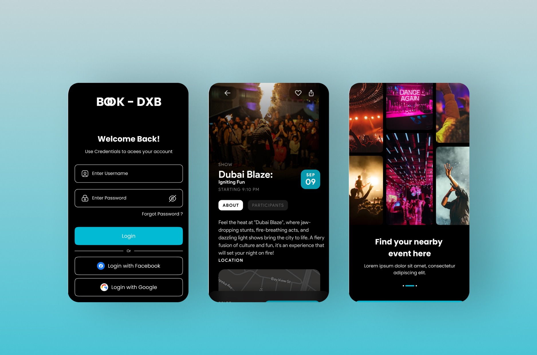 Booked DXB — interface screens