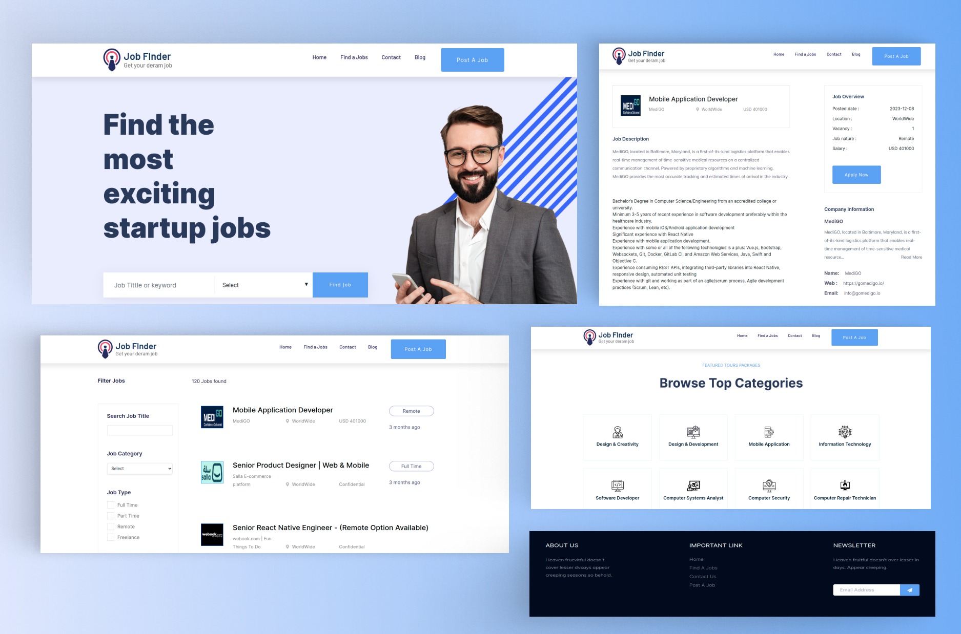 Job Finder — interface screens