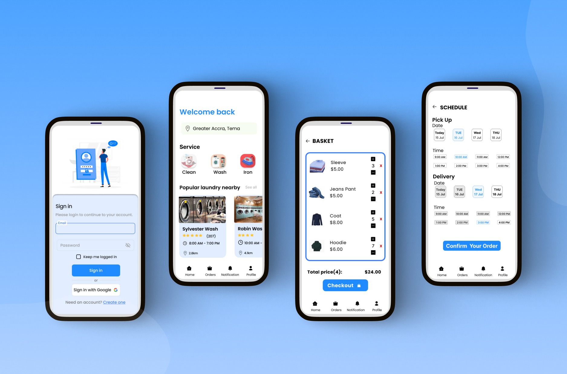 WashEz — interface screens