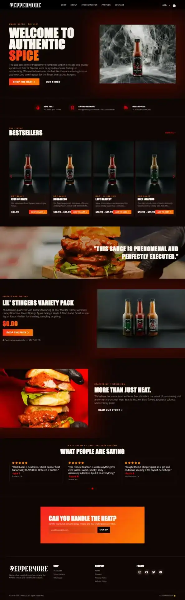 Peppermore Sauce Website — interface screens