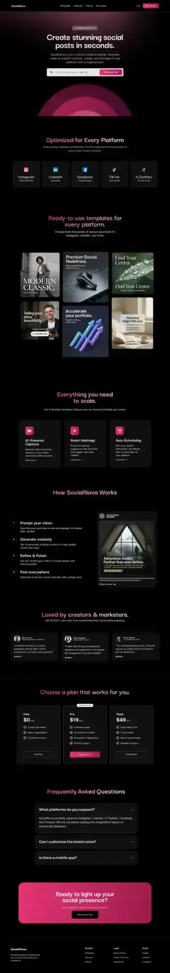 SocialNova AI Social Media Post Web App — interface screens