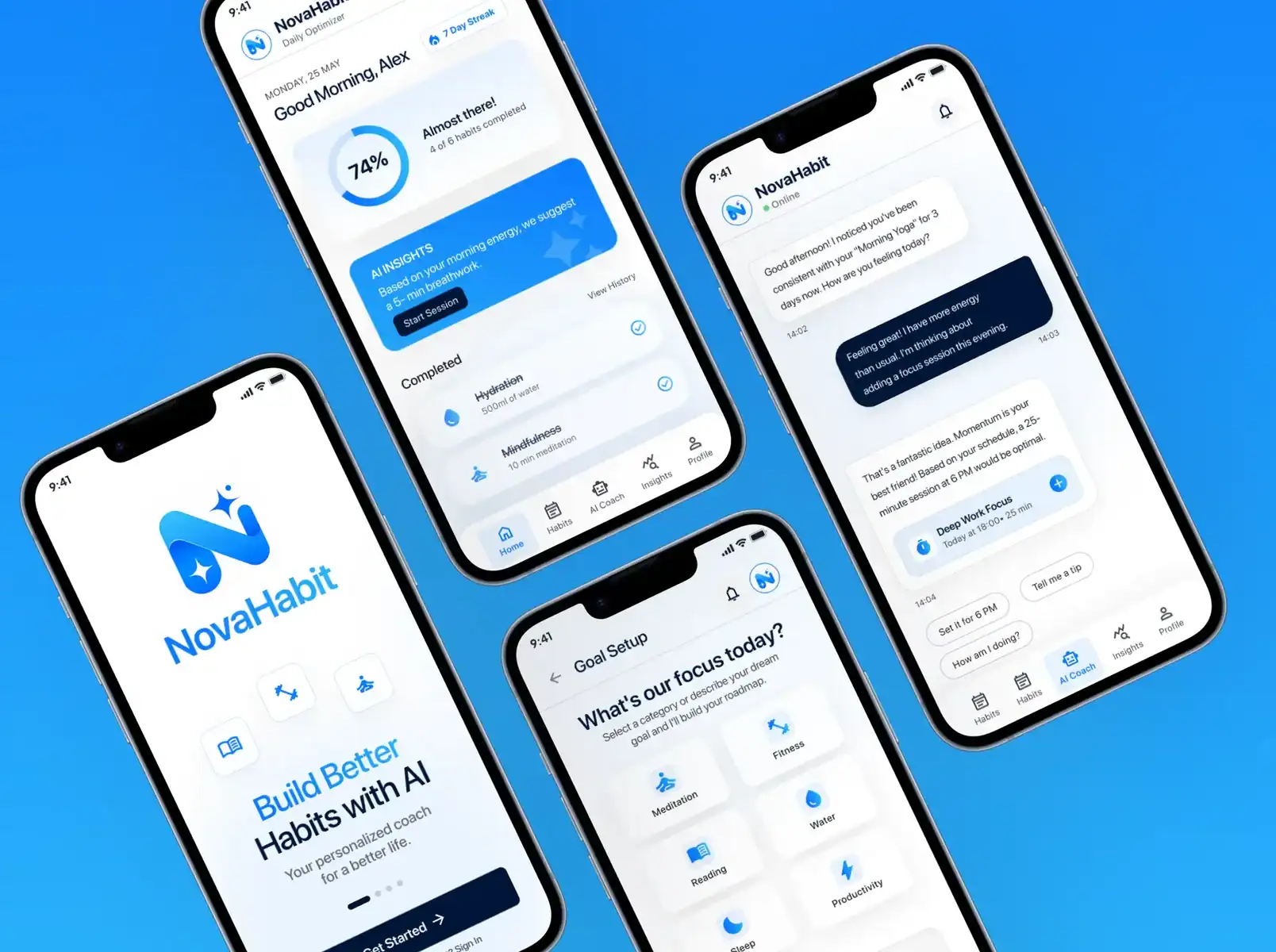 NovaHabit AI Coach Mobile App — interface screens