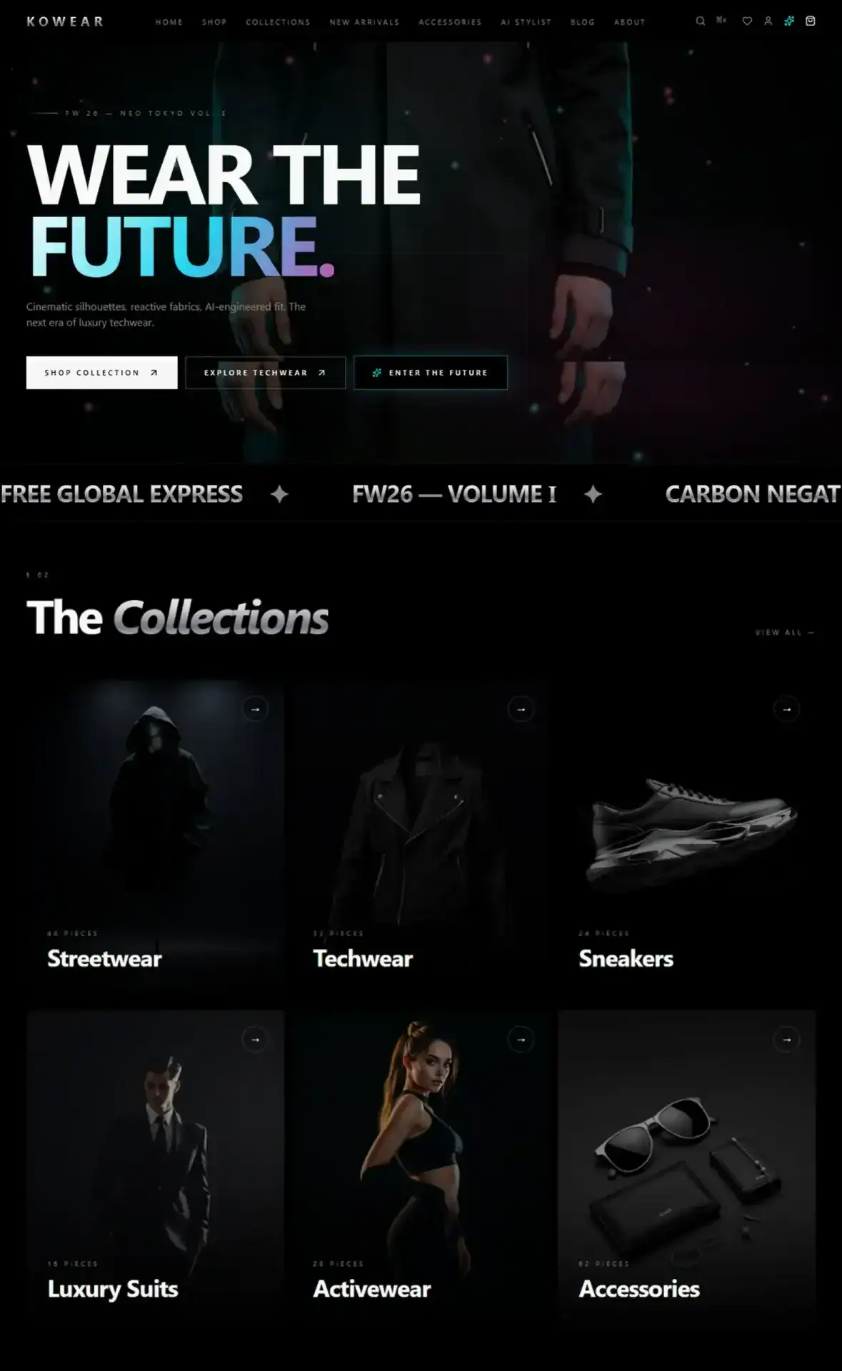 KOWEAR AI Fashion Website — interface screens